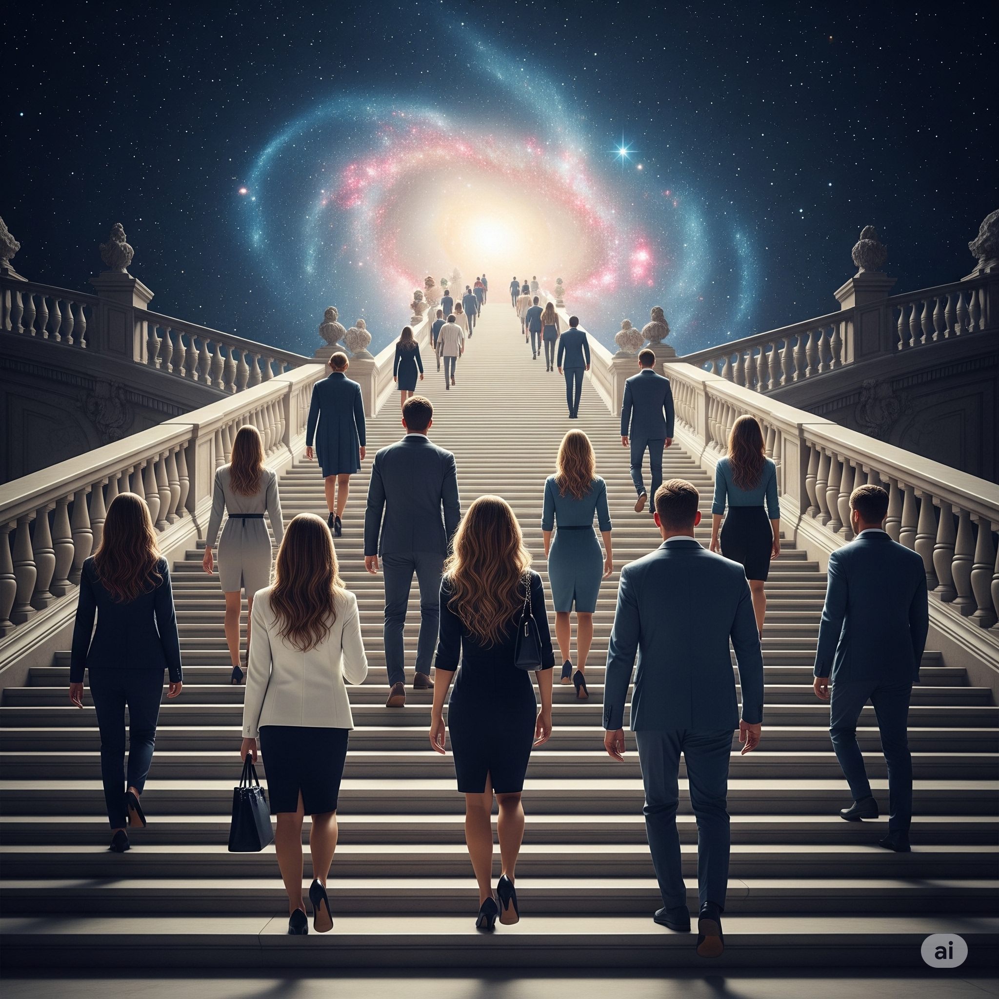 People climbing stairs towards a galaxy
